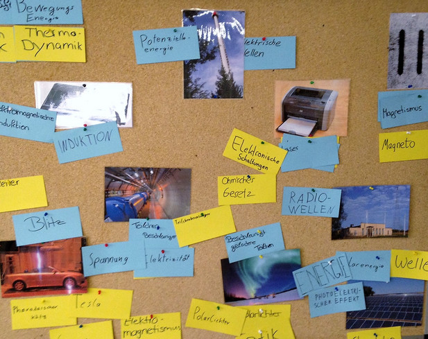 Das Bild zeigt eine Pinnwand mit einer Ideensammlung zum Physikunterricht in der Klassenstufe 12 des beruflichen Gymnasiums.